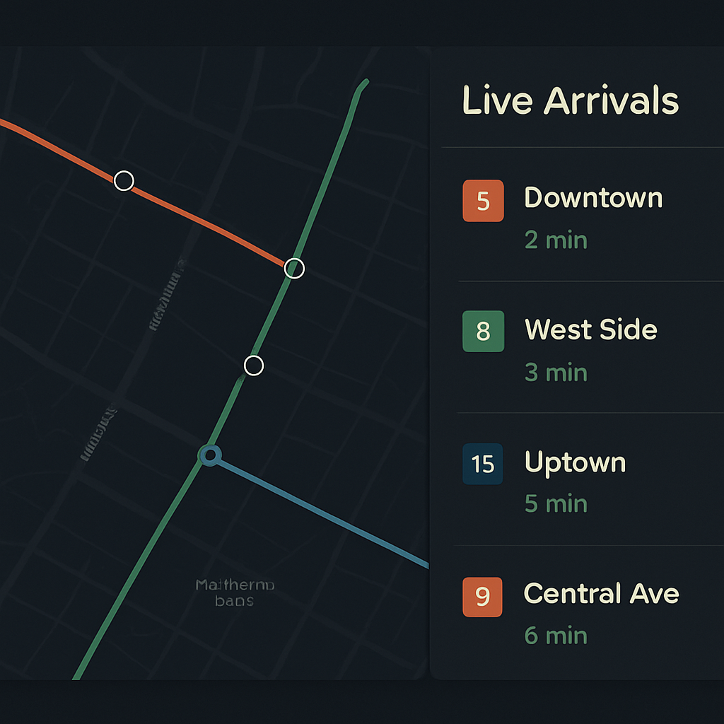 Live transit map with vehicle positions moving along routes and a panel of real-time arrival predictions.