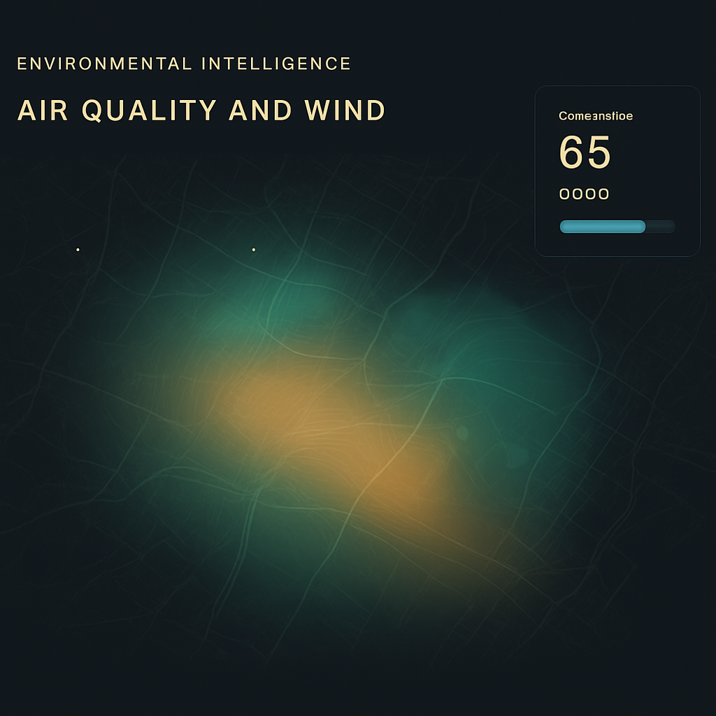 High-resolution environmental data map showing interpolated air quality and wind fields rendered as a smooth gradient surface over a city region.